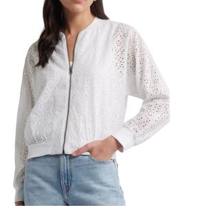 J Crew White Eyelet Bomber Jacket 100% Cotten